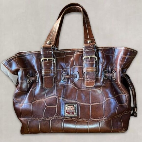 Vintage Dooney & Bourke Chiara Tote Bag Drawstrings Croco Embossed Leather Brown - Picture 1 of 16